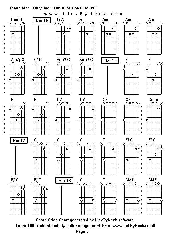 Chord Grids Chart of chord melody fingerstyle guitar song-Piano Man - Billy Joel - BASIC ARRANGEMENT,generated by LickByNeck software.